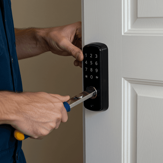 Fechadura digital sendo instalada